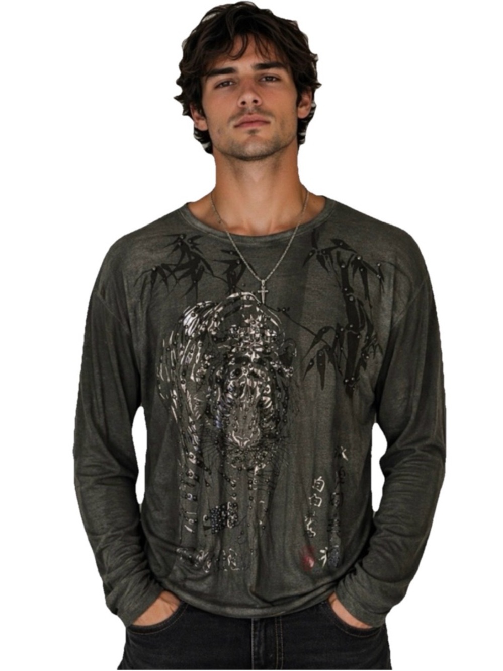 Key Closet Shirt Men’s Studded Tiger Dragon Logo Graphic Long Sleeve Size 2XL